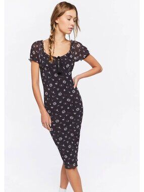 Forever 21 Black Floral Print Puff Sleeve Long Midi Dress Summer/Spring